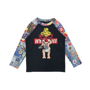 画像1: Hystericmini　MINI DOLL SCRATCH DENIM ラグラン長袖Tシャツ　　10；ブラック (1)