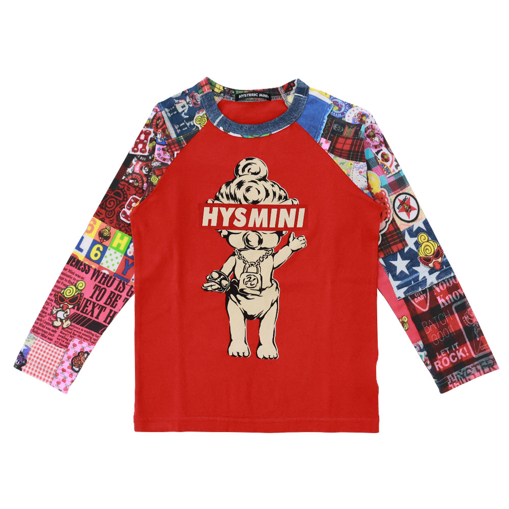 Hystericmini BOX LOGO&SCRAPS PATCHWORK ラグラン長袖T 20；レッド