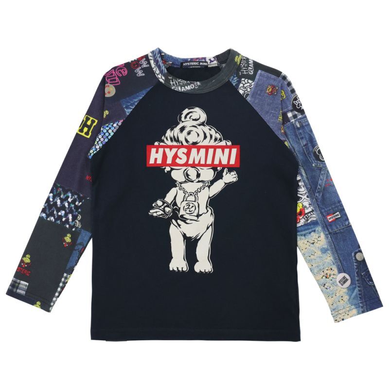 Hystericmini BOX LOGO&SCRAPS PATCHWORK ラグラン長袖T 14；ブラック